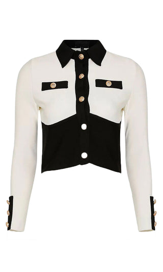 Polished Perfection <br><span>White Black Bandage Long Sleeve Gold Button Bodycon Jacket</span>