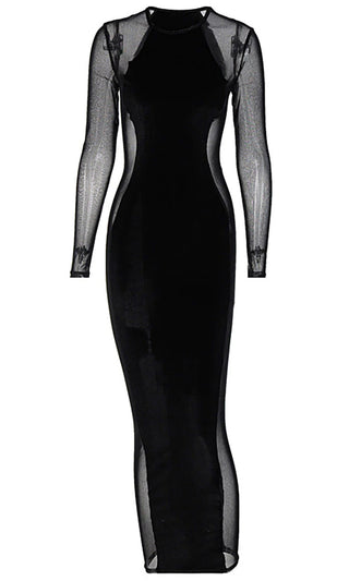 Let's Get Busy<br><span> Black Sheer Mesh Long Sleeve Round Neck Bodycon Maxi Dress</span>