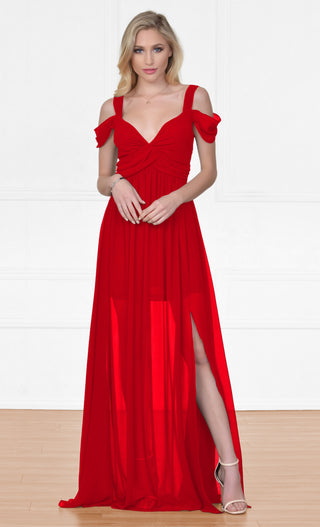 Once Upon a Time Red Sleeveless Off The Shoulder V Neck Long Side Slit Maxi Dress Evening Gown