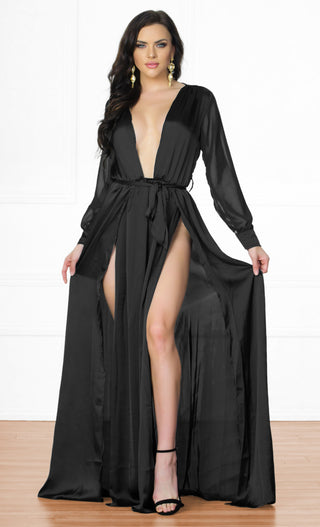 Monaco Black Long Sleeve Plunge V Neck Shirred Pleated High Slit Maxi Dress