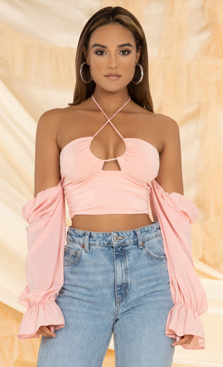 Baby Girl <br><span>Light Pink Long Sleeve Keyhole Cut Out Halter Tie Lantern Cuff Crop Blouse Top</span>