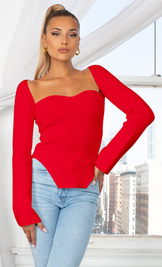 Parisian Soul Red Ribbed Long Sleeve Stretchy Bustier Sweetheart Neckline Cut Out Hem Pullover Sweater Knit Top