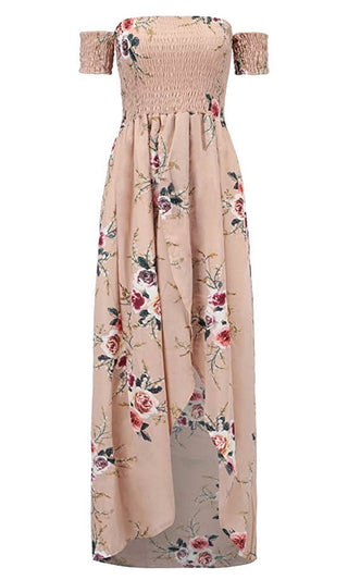 Daydream Diva Khaki Beige Floral Short Sleeve Smocked Off The Shoulder Cross Wrap High Low Maxi Dress