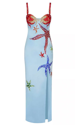 Mermaid On Land <bR><span>Blue Sequin Star Pattern Sleeveless Spaghetti Strap Sweetheart Neck Side Slit Maxi Dress</span>
