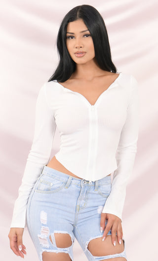 Baby Girl White Ribbed Double Zipped Long Sleeve V Neck Crop Rounded Hem Knit Top