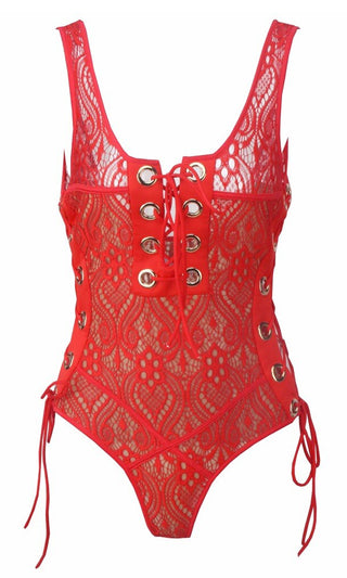 Indie XO Take Me On Vacation <br><span> Red Lace Overlay Beige Lined Grommet Tie Front Side Scoop Neck Tank Monokini One Piece Swimsuit </span>