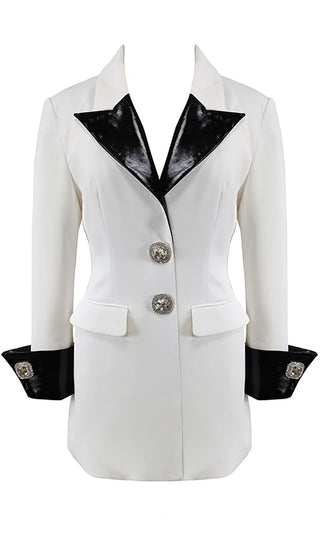 Have It All <br><span>White Long Sleeve PU Faux Leather Lapel Rhinestone Buttons Blazer Mini Dress</span>