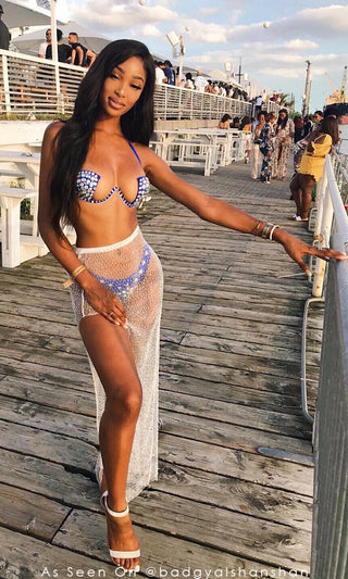 Posh In Paradise<br><span> Blue Rhinestone Halter Cut Out Bikini Top Brazilian Two Piece Swimsuit</span>