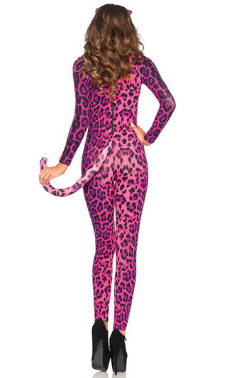 Pussycat Doll <br><span>Pink Leopard Print Animal Pattern Long Sleeve V Neck Bodycon Jumpsuit Halloween Costume</span>