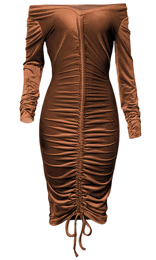 Friday Night Fantasy Brown Velvet Long Sleeve Off The Shoulder Deep V Neck Ruched Bodycon Midi Dress