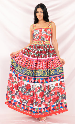Dream Getaway Red Pink White Yellow Blue Floral Sleeveless Square Neck Print Beaded Accent Pleated Maxi Casual Dress
