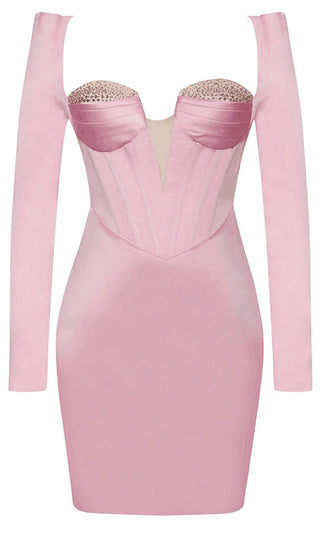 Straight To The Heart<br><span> Pink Long Sleeve Sequin Trim Bustier Plunge V Neck Cut Out Back Bodycon Mini Dress</span>