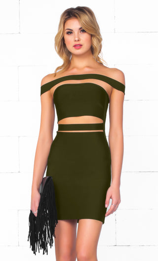 Indie XO It Girl Olive Green Strapless Cut Out Bandage Bodycon Mini Dress - Inspired by Kylie Jenner