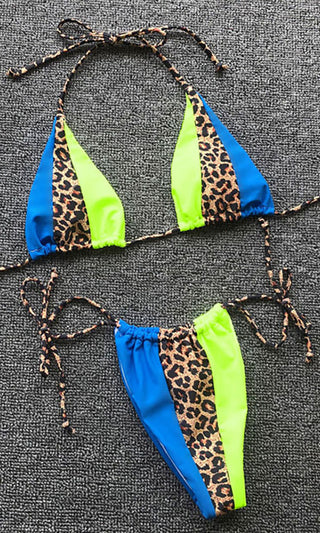 Sail The Seas <br><span> Blue Lime Green Colorblock Leopard Animal Pattern Triangle Bra Top Tie Side Brazilian Bikini Two Piece Swimsuit </span>