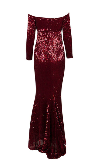 Time To Sparkle <br><span>Burgundy Sequin Long Sleeve Off The Shoulder V Neck Mermaid Maxi Dress</span>