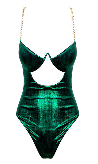 Slick Shine Dark Green Reflective Metallic Chain Strap V Neck Cut Out Bustier Bodysuit Top