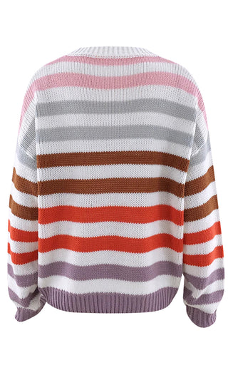 Casual Feelings Horizontal Stripe Pattern Long Sleeve Round Neck Pullover Sweater - 2 Colors Available