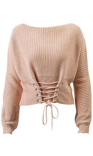 Young And Careless Long Sleeve Boat Neck Pattern Lace Up Waist Pullover Sweater - 5 Colors Available