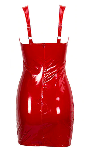 Candy Coated Red PU Patent Faux Leather Vinyl Sleeveless V Neck Stretch Shiny Bodycon Mini Dress