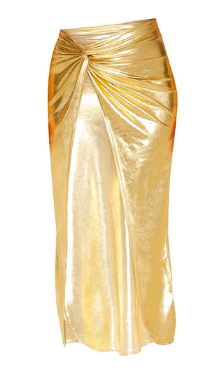 Dripping in Gold Metallic Gold Sleeveless Spaghetti Strap Bodycon Scoop Neck High Slit Two Piece Maxi Dress