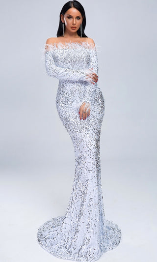 Dangerous Liaison Silver Stretchy Sequin Long Sleeve Feather Off The Shoulder Maxi Dress