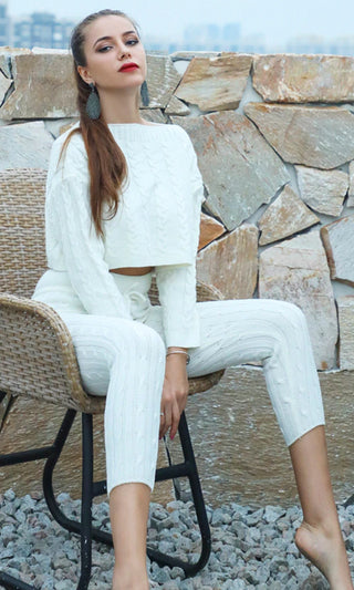 All Warmed Up Off White Lounge Long Sleeve Cable Boat Neck Crop Pullover Sweater Drawstring Legging Two Piece Jumpsuit