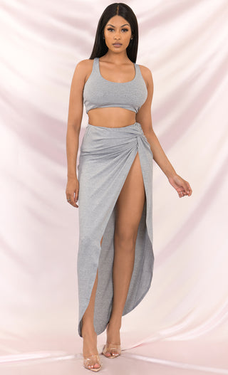 You're The One <span><br>Light Gray Sleeveless Scoop Neck Casual Crop Tank Top Set Slit Maxi High Waisted Asymmetrical Ruched Twist Skirt Two Piece Dress </span>