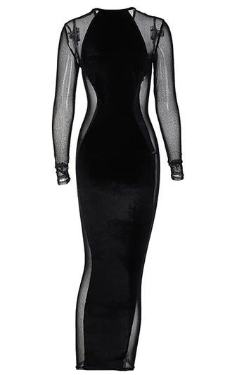Let's Get Busy<br><span> Black Sheer Mesh Long Sleeve Round Neck Bodycon Maxi Dress</span>
