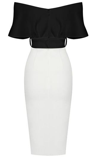 Perfectly Posh White Elbow Sleeve Cross Wrap V Neck Off The Shoulder Belted Bodycon Midi Dress