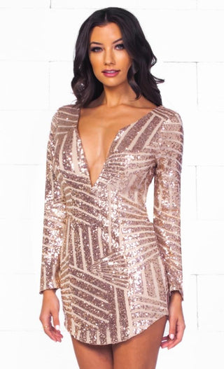 Indie XO Party On Gold Geometric Sequin Long Sleeve Plunge V Neck Bodycon Mini Dress - Just Ours!