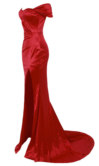 He's Waiting Red Satin Short Sleeve Off The Shoulder High Slit Fit and Flare Maxi Dress With Train