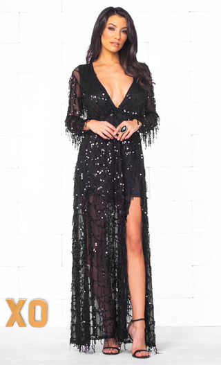 Indie XO More Than A Dream Black Sequin Fringe Sheer Long Sleeve Plunge V Neck High Slit Maxi Dress