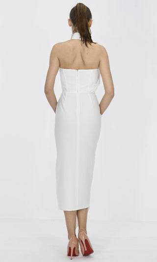 Top Secret White Bustier Sleeveless Mock Neck Halter Cut Out Slit Maxi Dress