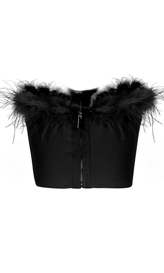 Play With Fire Black Bandage Stretch Strapless Feather Trim Bustier Crop Top