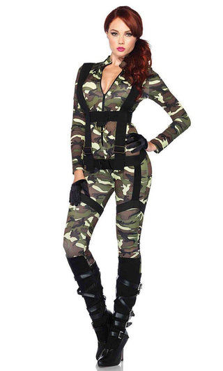 Camo Cutie <br><span>Camouflage Pattern Long Sleeve Mock Neck Zipper Harness Bodycon Jumpsuit Halloween Costume</span>