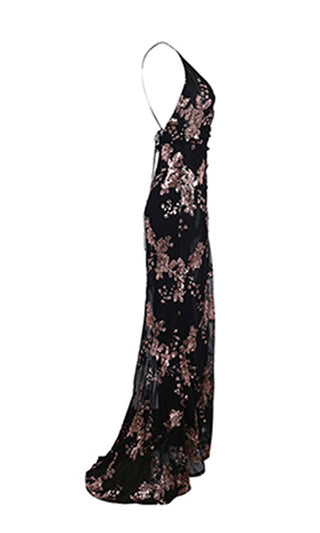 All Night Love Black Sleeveless Spaghetti Strap Sequin Floral Pattern Ruched V Neck Backless Side Slit Maxi Dress