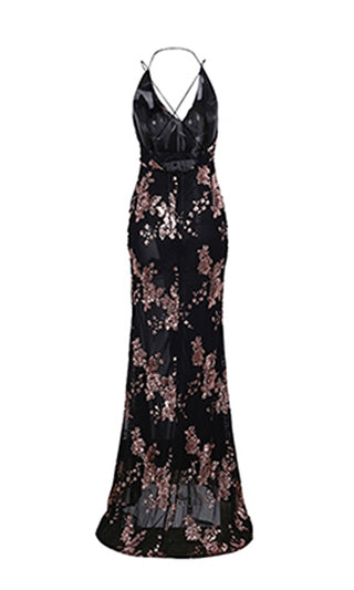 All Night Love Black Sleeveless Spaghetti Strap Sequin Floral Pattern Ruched V Neck Backless Side Slit Maxi Dress