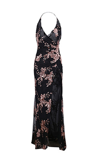 All Night Love Beige Sleeveless Spaghetti Strap Sequin Floral Pattern Ruched V Neck Backless Side Slit Maxi Dress