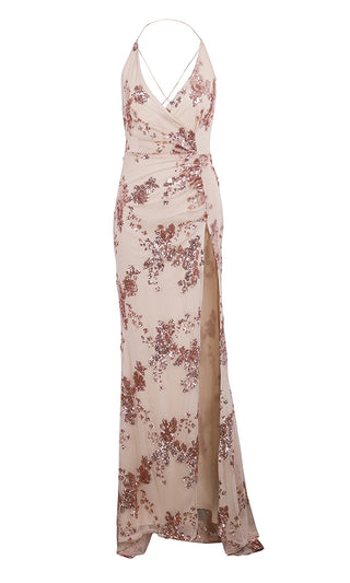 All Night Love Beige Sleeveless Spaghetti Strap Sequin Floral Pattern Ruched V Neck Backless Side Slit Maxi Dress