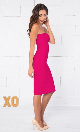 Indie XO Allison Fuchsia Pink Strapless Ribbed Texture Sweetheart Neck Bandage Bodycon Knee Length Midi Dress
