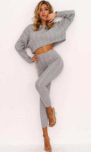 All Warmed Up Gray Lounge Long Sleeve Cable Boat Neck Crop Pullover Sweater Drawstring Legging Two Piece Jumpsuit
