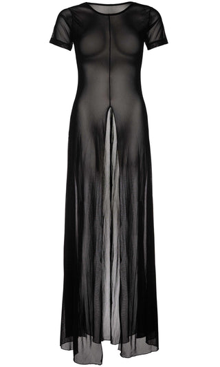 Going For Love<br><span> Black Sheer Mesh Short Sleeve Round Neck Front Slit Lingerie Maxi Dress</span>