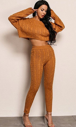 All Warmed Up Off White Lounge Long Sleeve Cable Boat Neck Crop Pullover Sweater Drawstring Legging Two Piece Jumpsuit