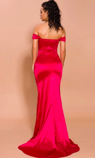 He's Waiting Red Satin Short Sleeve Off The Shoulder High Slit Fit and Flare Maxi Dress With Train