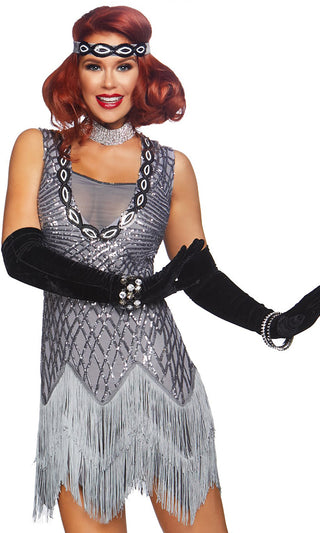 Prohibition Babe <br><span>Grey Sequin Diamond Geometric Pattern Fringe Sleeveless Sheer Mesh Scoop Neck Bodycon Mini Dress Halloween Costume</span>