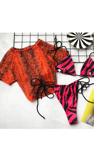 Ocean Winds <br><span> Snake Zebra Animal Pattern Short Sleeve Tie Crop Top Triangle Brazilian Bikini Three Piece Swimsuit Set </span>
