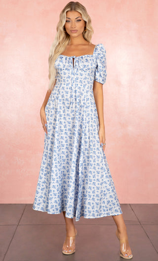 Sweet Style<br><span>White Blue Floral Pattern Short Puff Sleeve Square Neck Drawstring Empire Waist A Line Casual Maxi Dress</span>