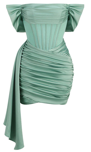 Live In The Moment Green Velvet Sheer Mesh Bustier Draped Cap Sleeve Scoop Neck Ruched Bodycon Mini Dress