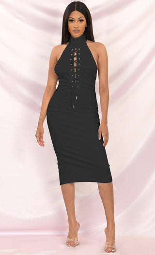 Tied To You Black Sleeveless Mock Neck Halter Cut Out Lace Up Bodycon Midi Dress