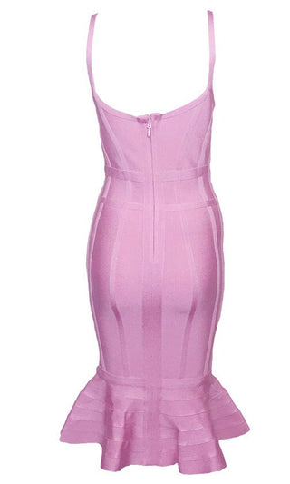 New Romance <BR><SPAN>Pink Sleeveless Spaghetti Strap V Neck Ruffle Bodycon Bandage Midi Dress</SPAN>